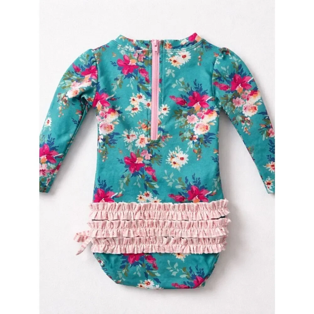RuffleButts green and pink floral back zipper rash guard one piece swim 6-2 m